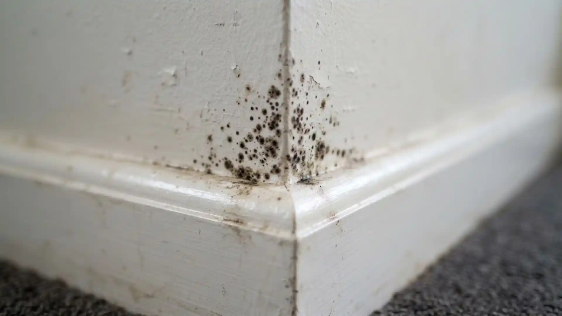Early-stage mold spots forming in the corner of a wall near baseboard trim