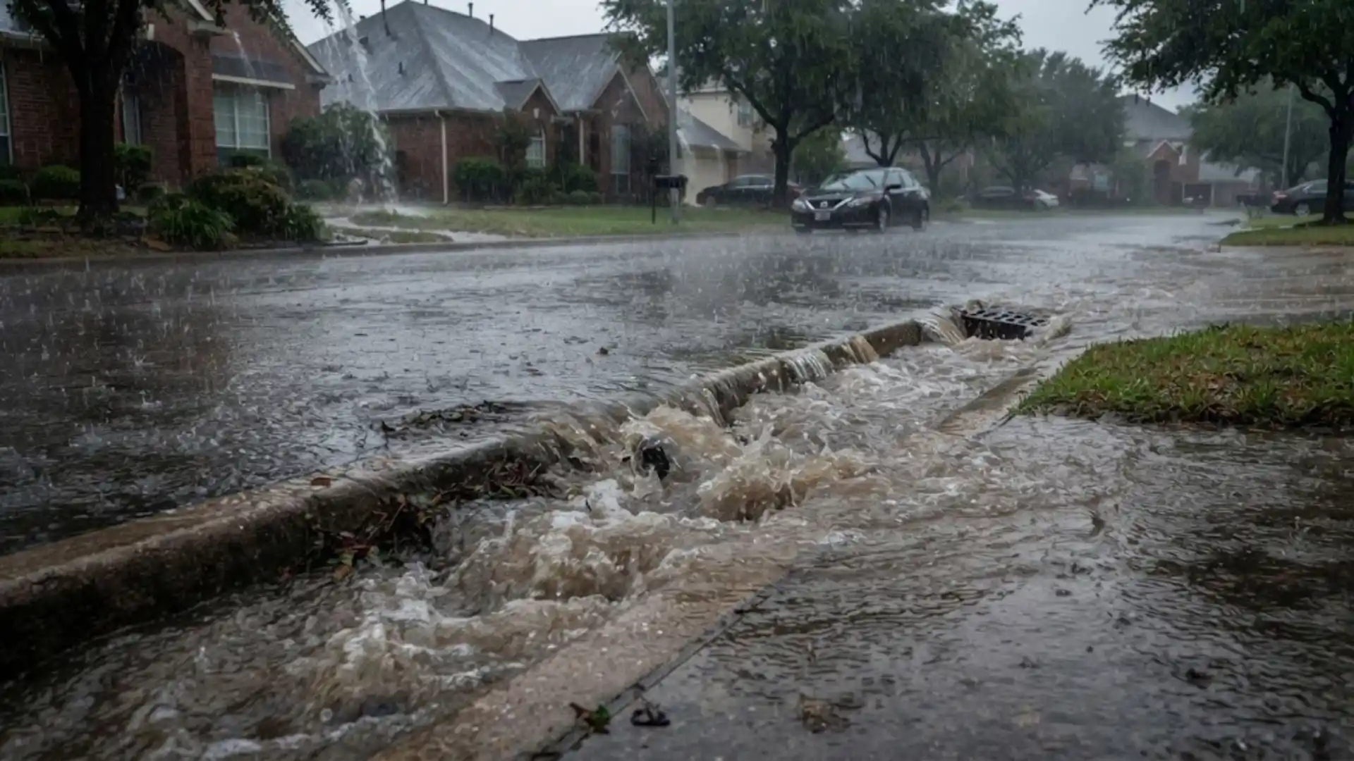 Storm drain overwhelmed by heavy rain on a residential street