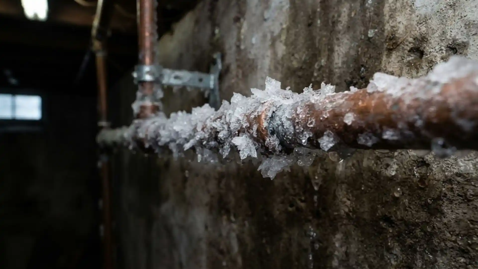 Frost and ice buildup on a residential water supply pipe