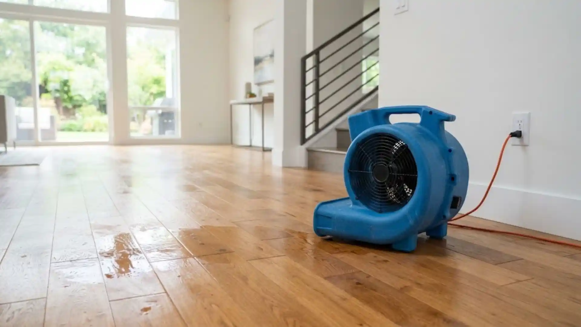 Air mover drying a wet hardwood floor in a home living room