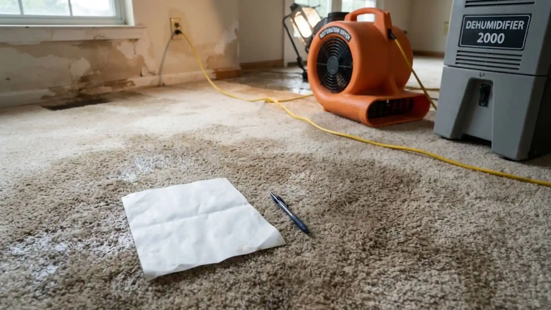 Drying equipment set up next to water-damaged flooring and walls