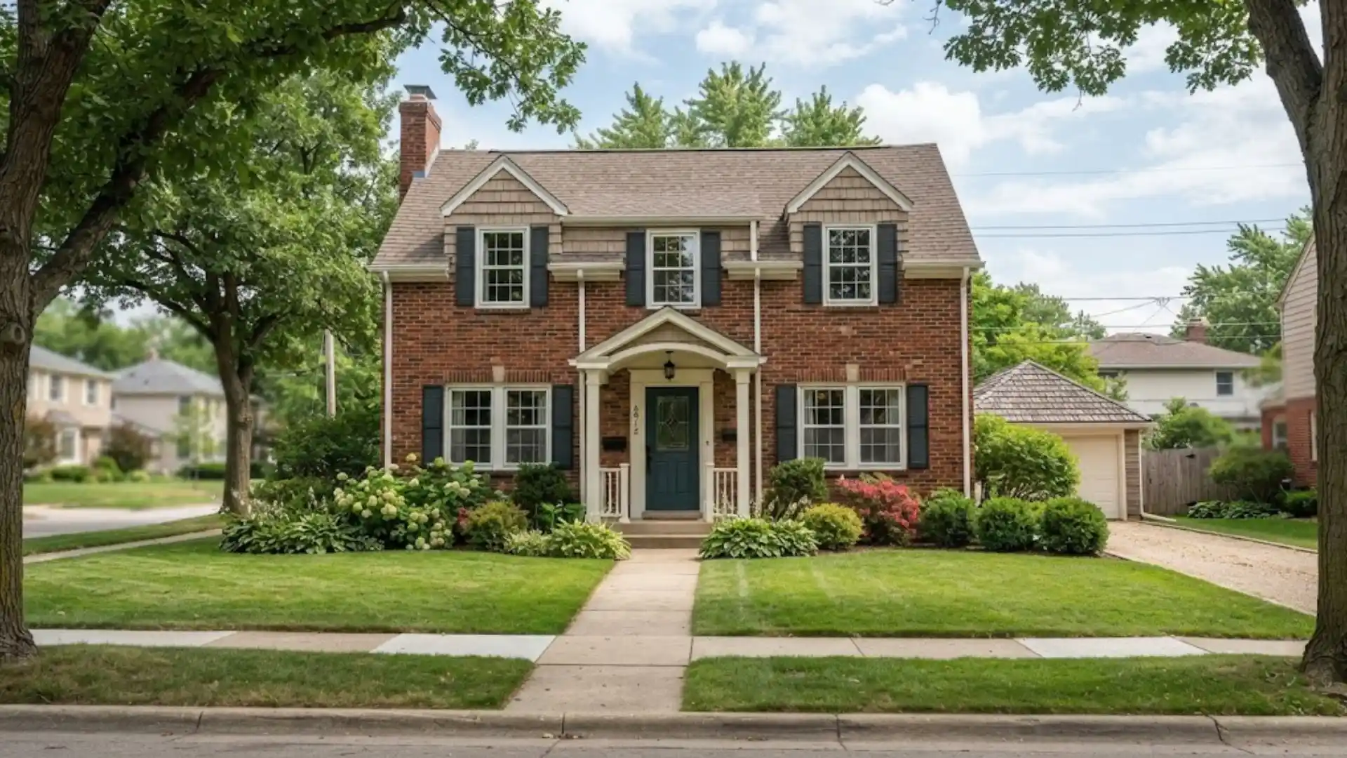 Exterior of a charming older brick home with mature landscaping