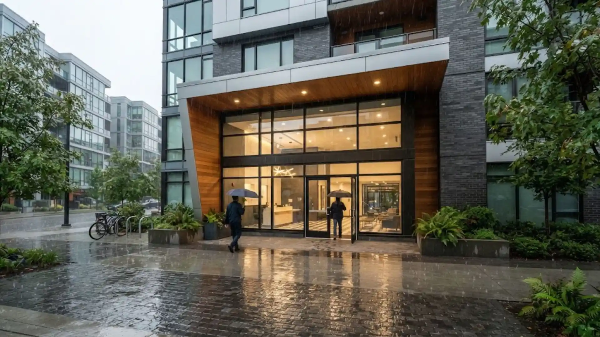 Modern apartment building entrance in the rain