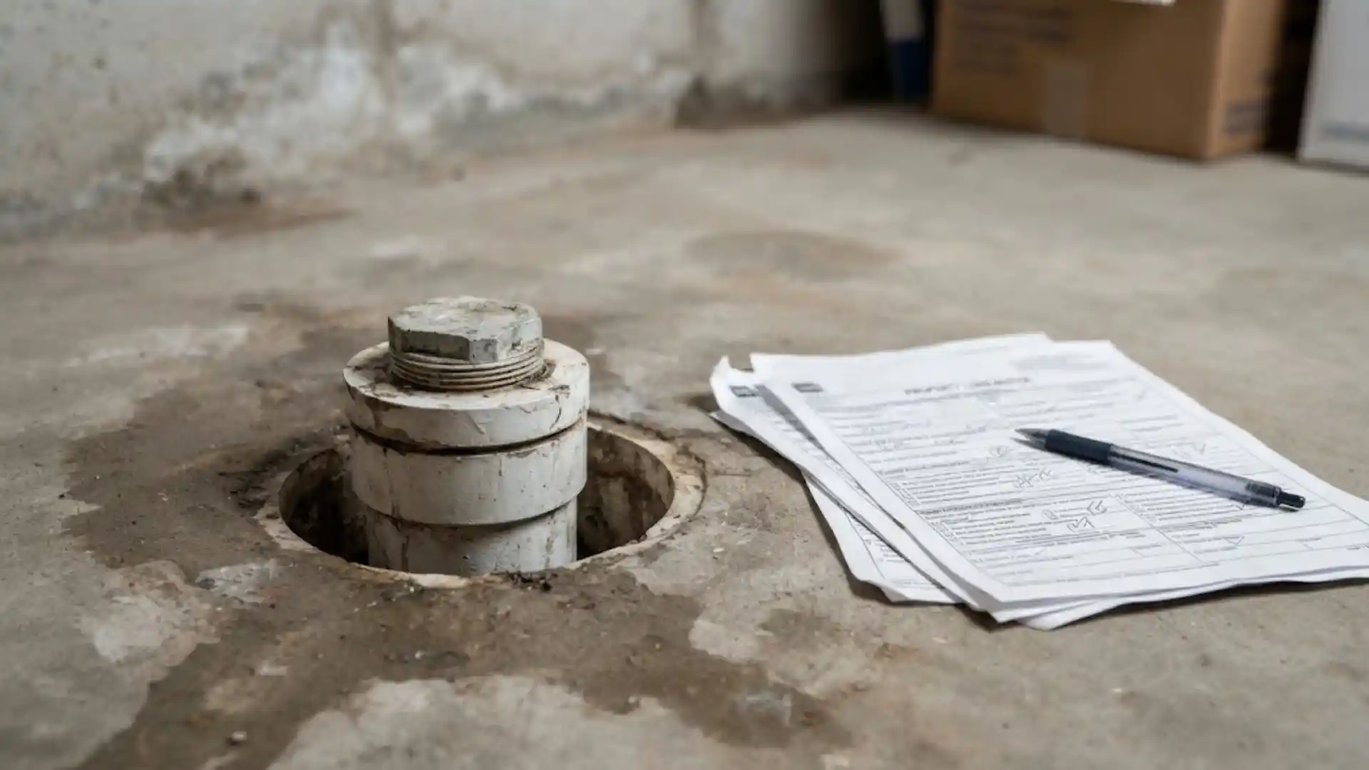 Sewer cleanout plug in a basement floor, the typical entry point for a sewage backup