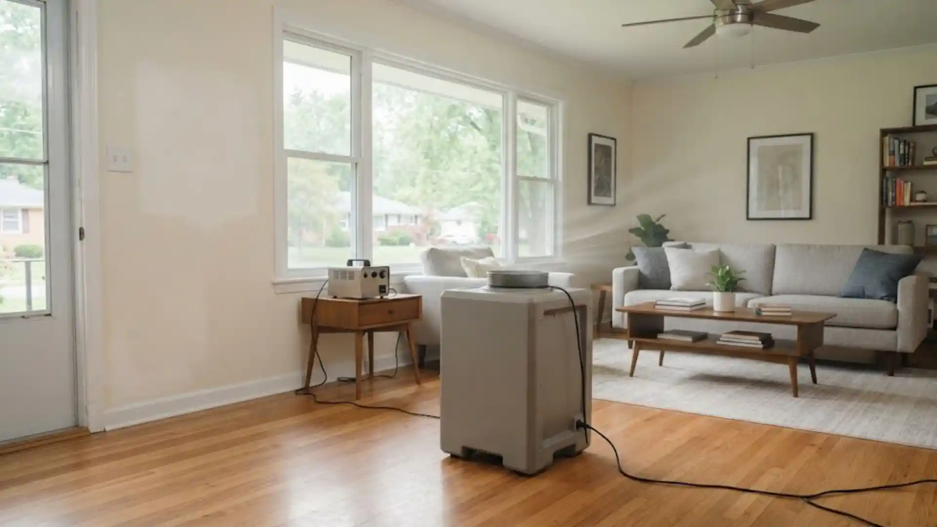 Air scrubber deodorizing equipment set up in a home living room