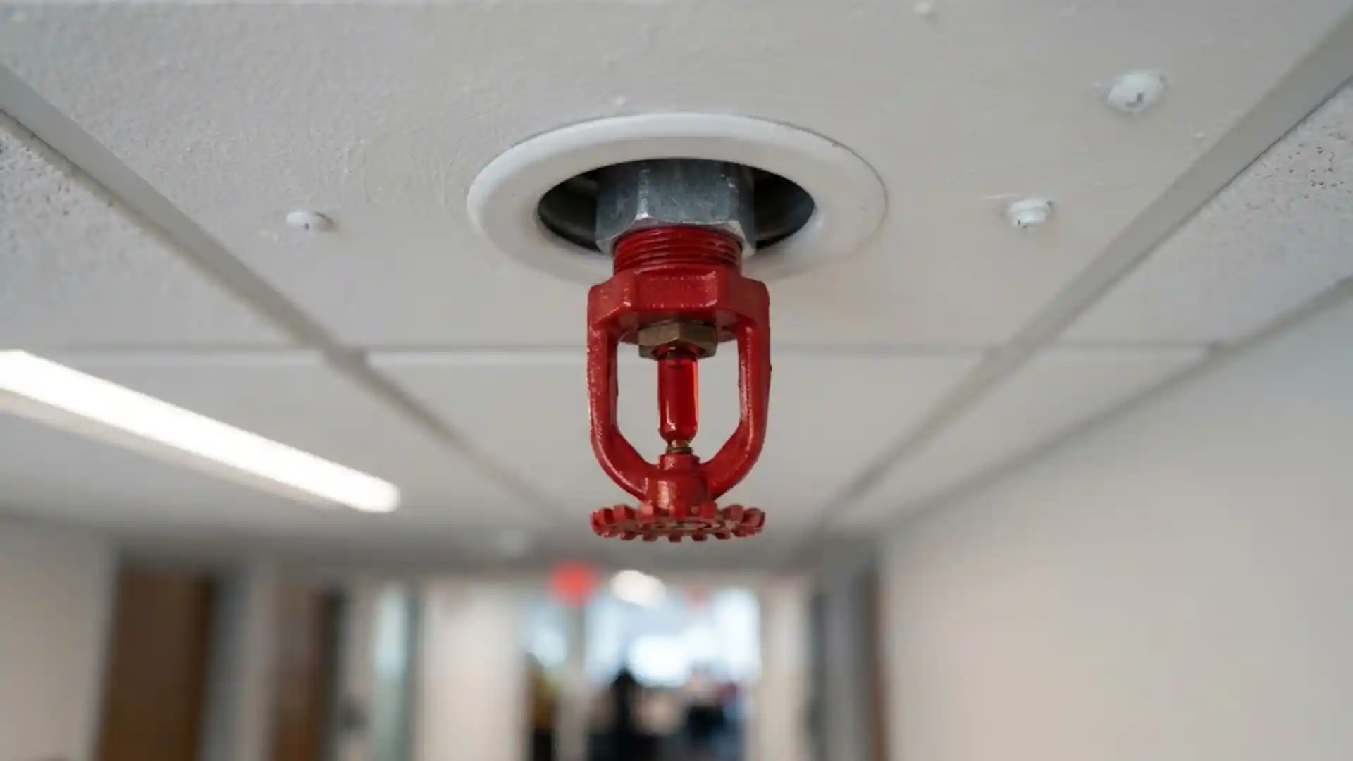 Close-up of a ceiling-mounted commercial fire sprinkler head