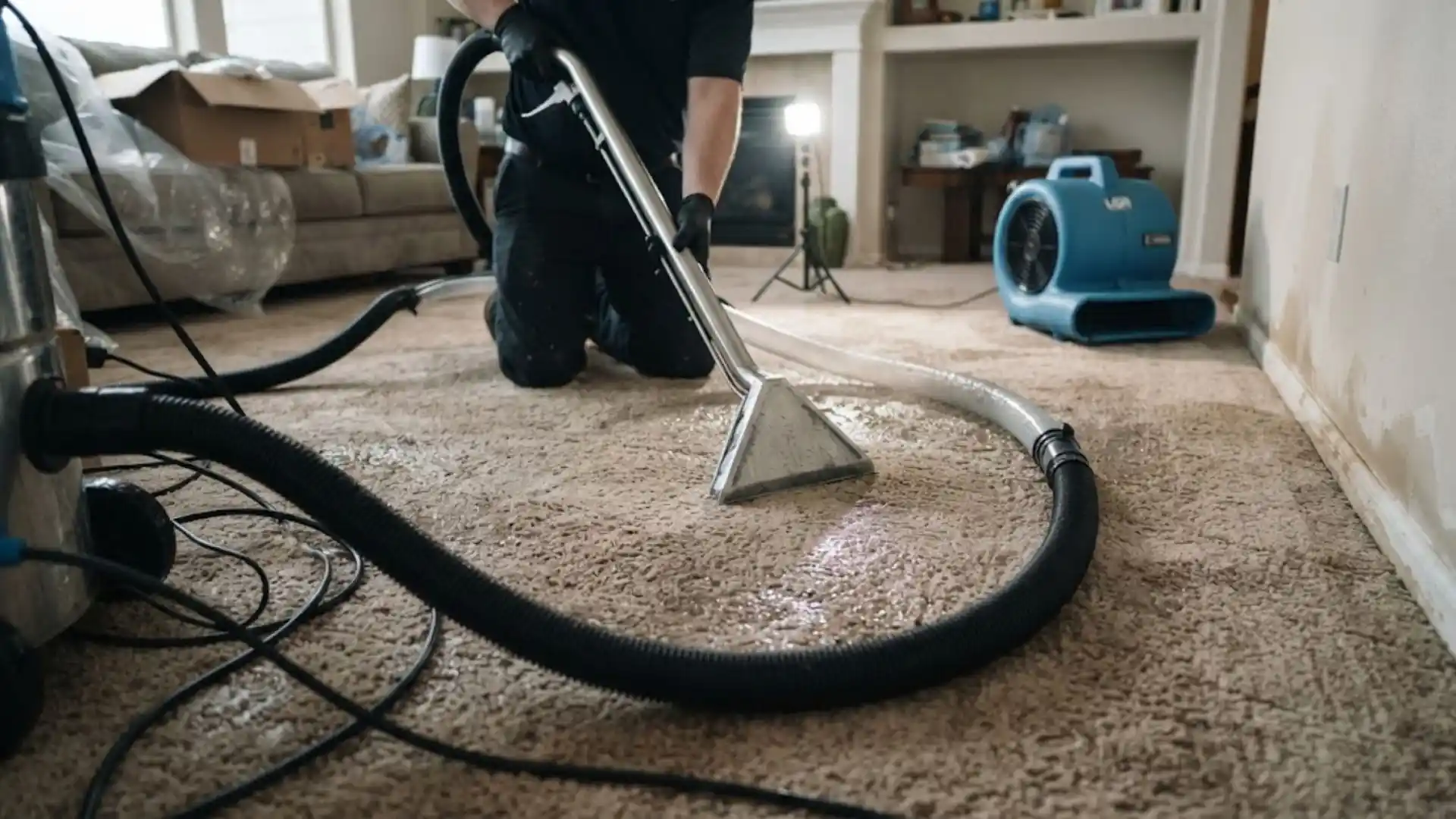 Technician using a carpet extraction wand during a water damage cleanup