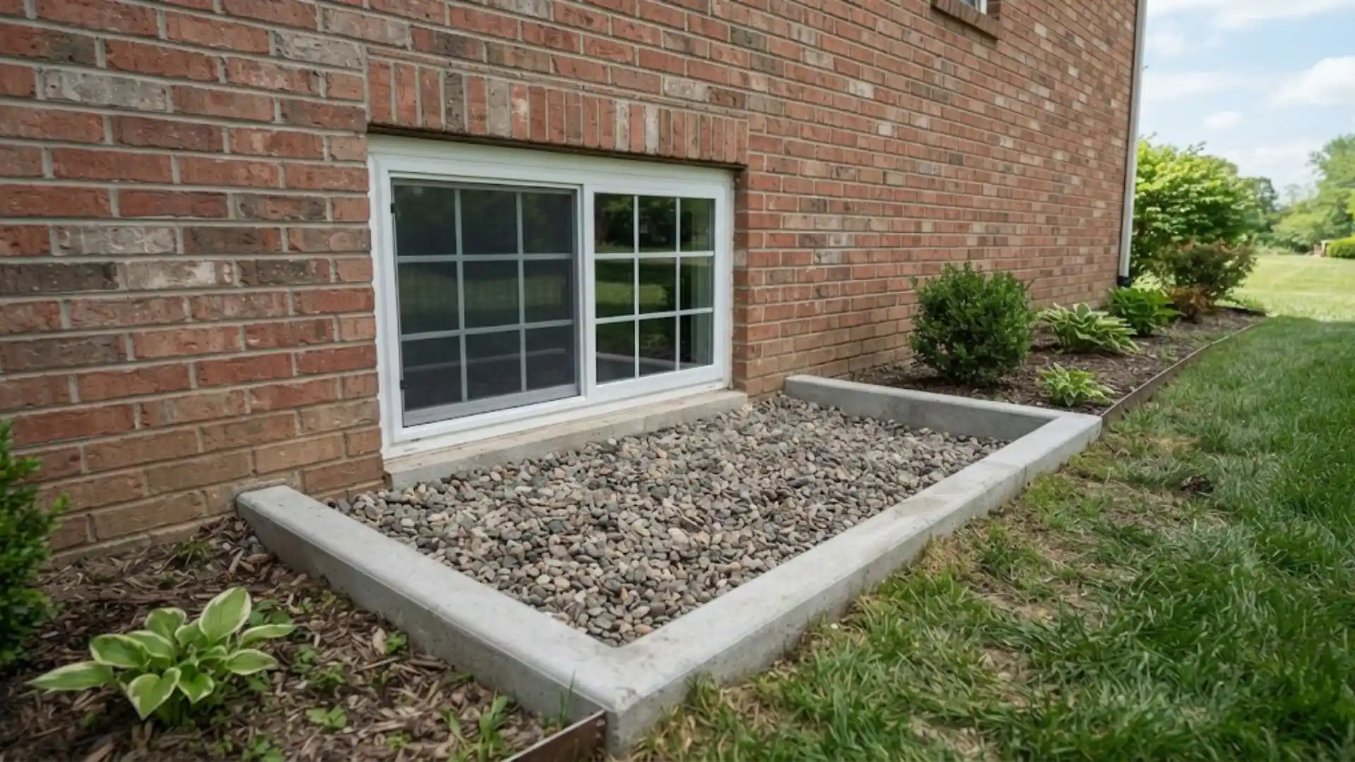 Basement window well with gravel drainage bed next to a home's foundation