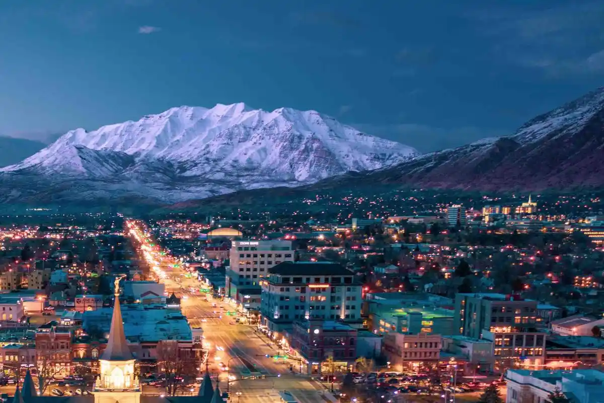 Provo, UT skyline at dusk with Mount Timpanogos in the background