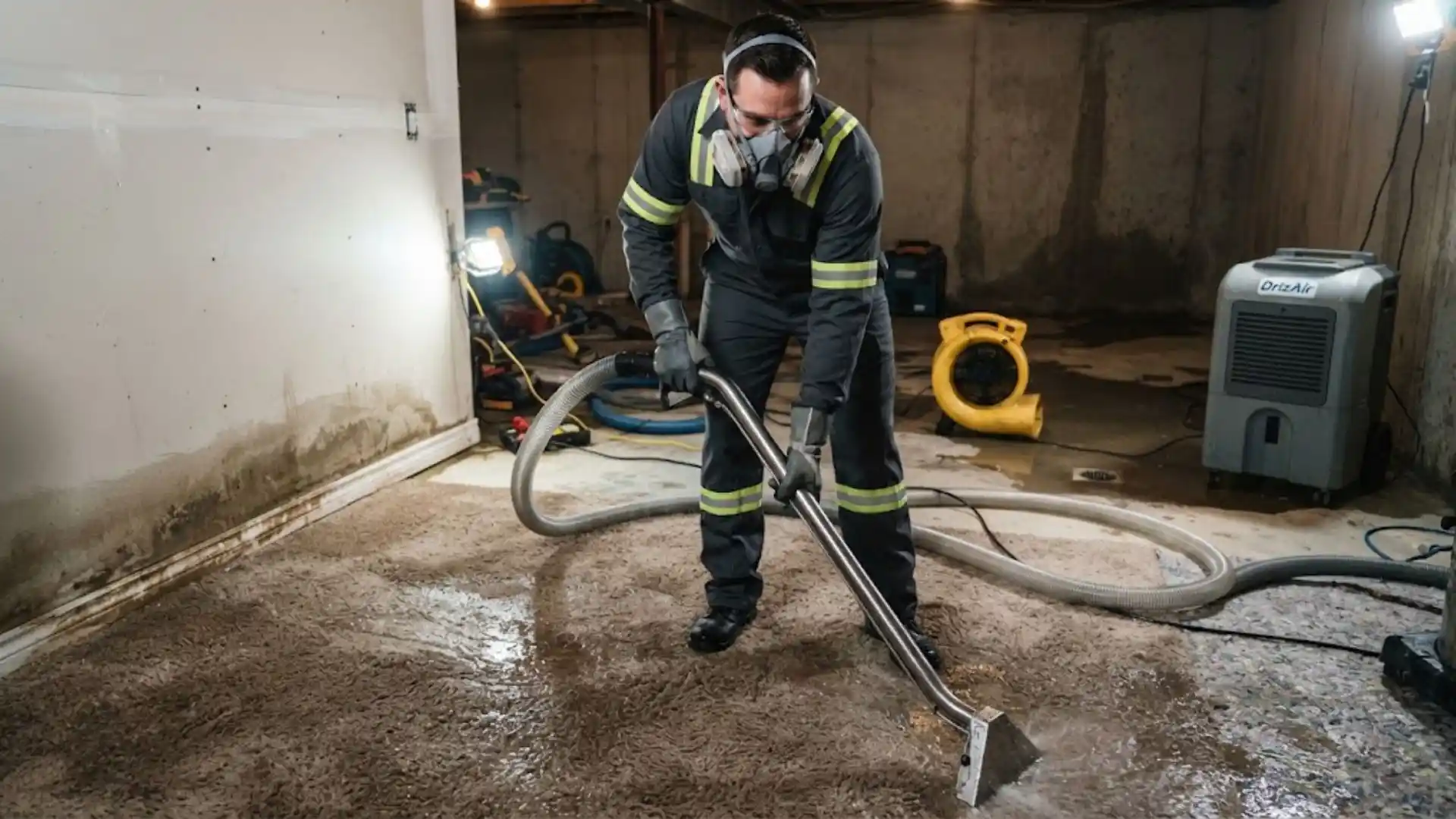 Technician in full PPE extracting contaminated water from a flooded basement floor